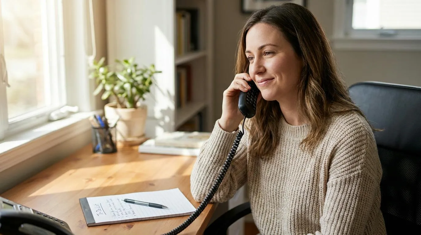 A woman in a beige sweater sits at a wooden desk, smiling while holding a black corded telephone receiver to her ear, with a notepad and pen on the desk and a window behind her.