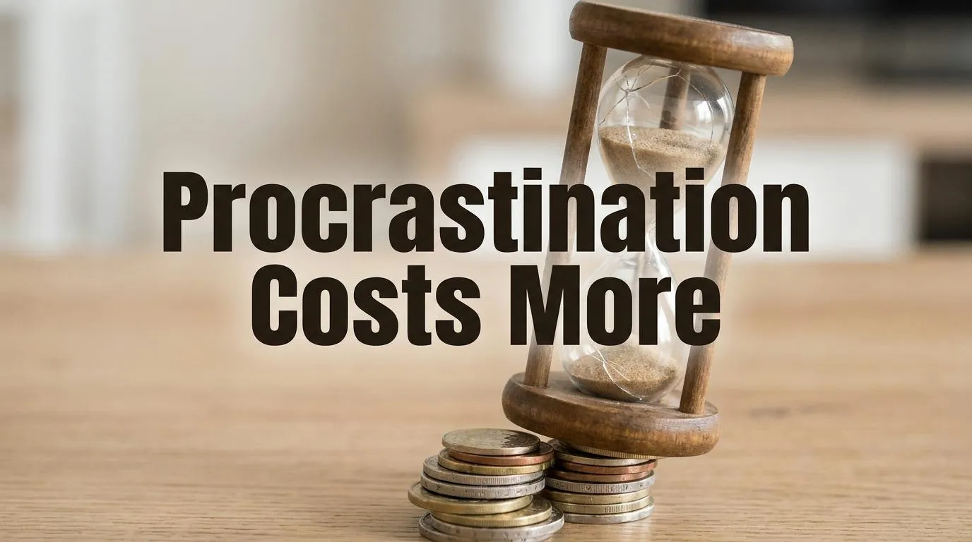 A wooden hourglass with sand sits on two stacks of coins on a light wooden surface, with the text &ldquo;Procrastination Costs More&rdquo; overlayed.