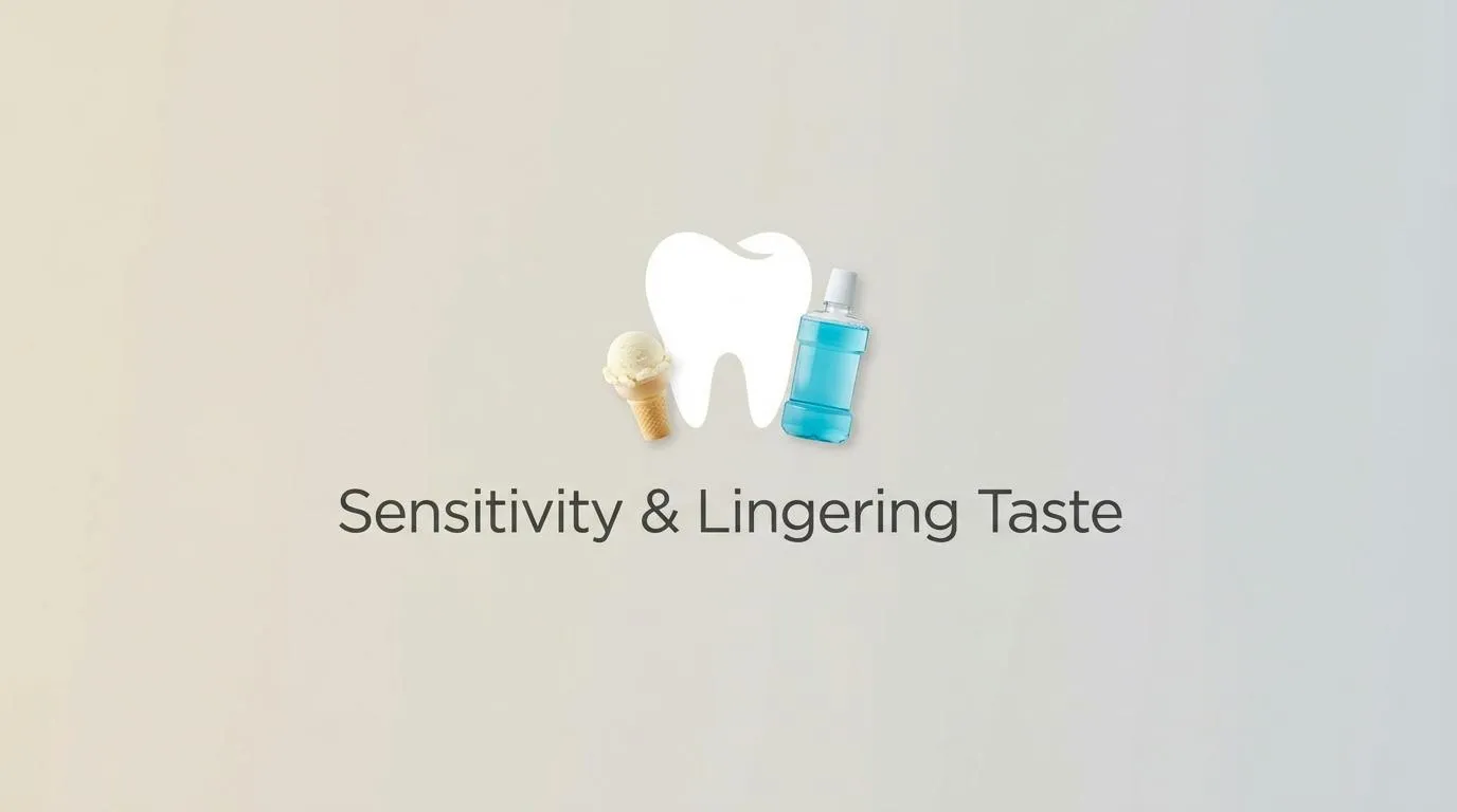 A white tooth icon is centered between an ice cream cone and a blue mouthwash bottle, with the text &ldquo;Sensitivity &amp; Lingering Taste&rdquo; below, all on a soft gradient background.