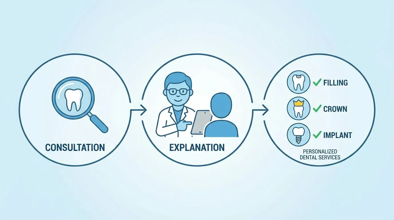 An infographic shows a three-step process: a magnifying glass over a tooth labeled &ldquo;CONSULTATION,&rdquo; a dentist figure explaining to a patient figure labeled &ldquo;EXPLANATION,&rdquo; and icons for filling, crown, and implant services labeled &ldquo;PERSONALIZED DENTAL SERVICES.&rdquo;