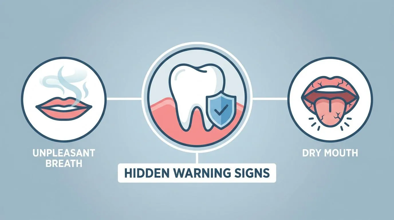 Three icons on a gray background: a mouth with vapor and &ldquo;UNPLEASANT BREATH,&rdquo; a tooth with a shield and gums, and a cracked mouth with &ldquo;DRY MOUTH,&rdquo; all connected by lines to &ldquo;HIDDEN WARNING SIGNS.&rdquo;