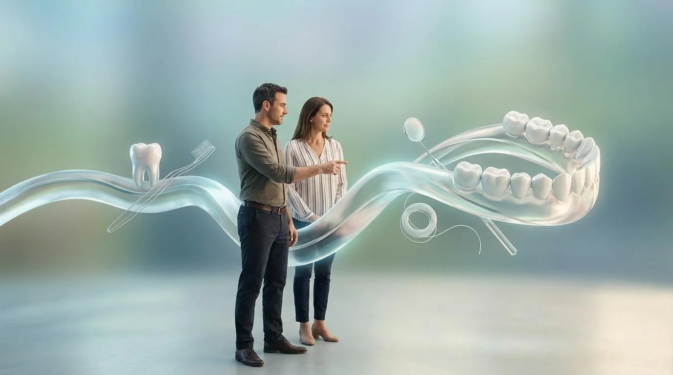 A man and a woman looking at an illustration of teeth, a toothbrush, and floss.