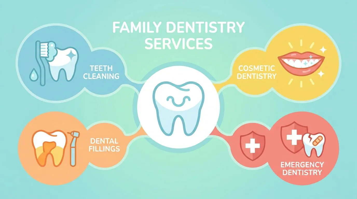 An infographic displays &ldquo;FAMILY DENTISTRY SERVICES&rdquo; with a smiling tooth icon at the center, surrounded by icons for teeth cleaning, cosmetic dentistry, dental fillings, and emergency dentistry, each with descriptive text.