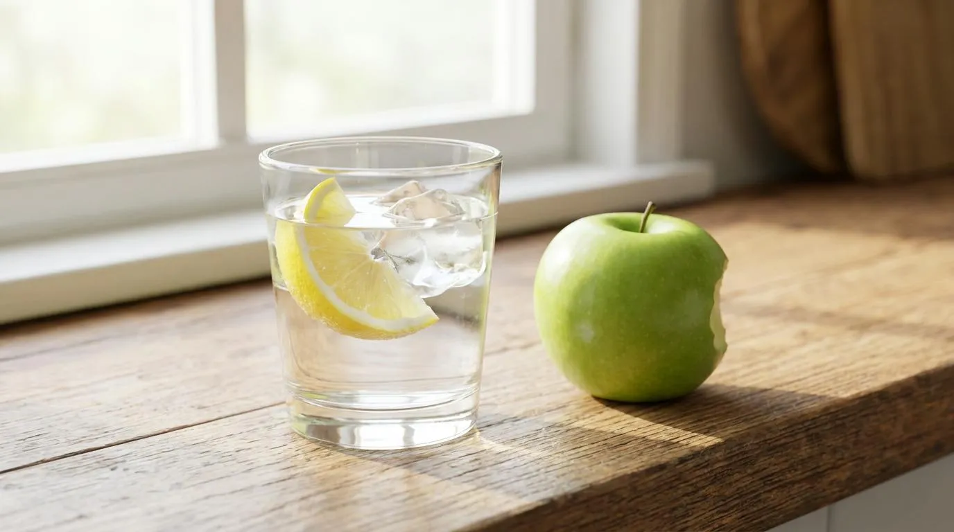 A glass of water with ice and a lemon wedge sits next to a green apple with a bite taken out, all on a wooden counter in front of a sunlit window.