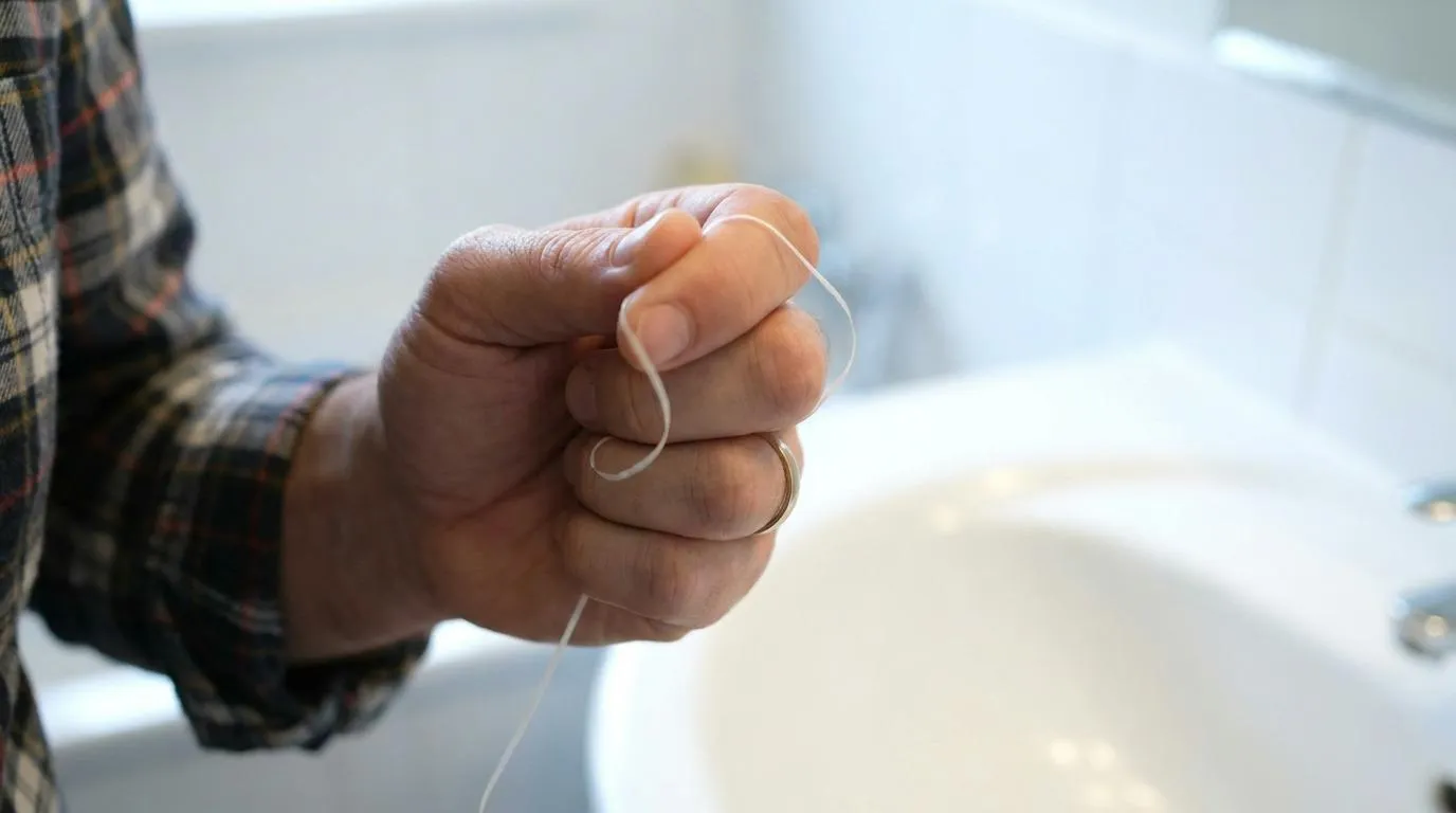 A person in a plaid shirt holds a length of dental floss between their fingers, with a bathroom sink and tiled wall blurred in the background.